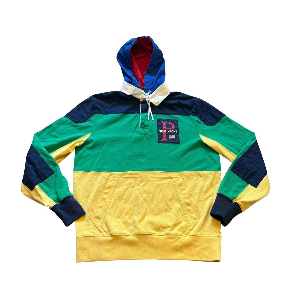 Polo Ralph Lauren 12 M. Yacht Challenge Colorblock Rugby Hoodie Mens Small Green